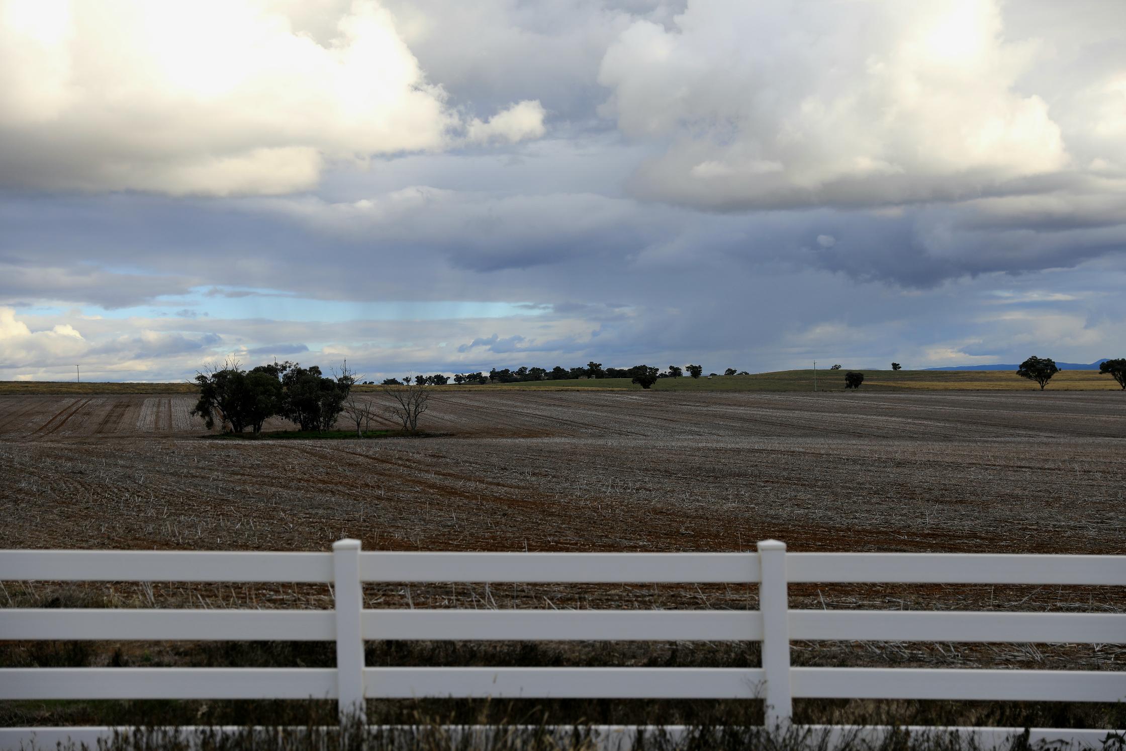 a white fence in front of a field and blue sky